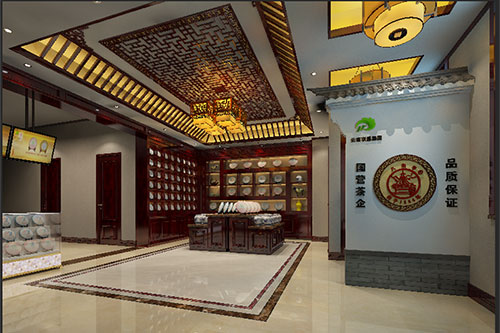 江山古朴典雅的中式茶叶店大堂设计效果图
